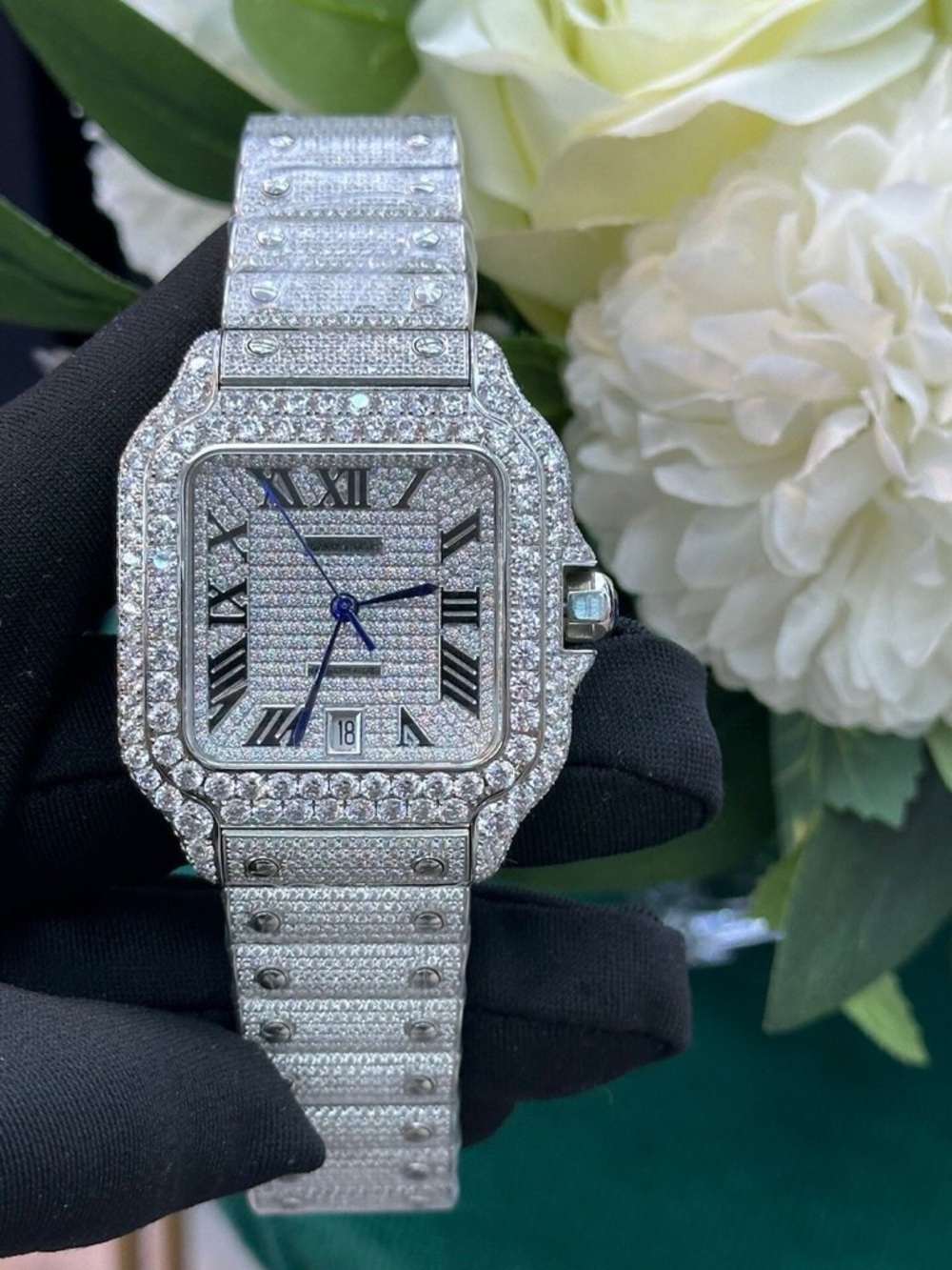 Men's Silver Fully Pave Crystal Square Dial Watch